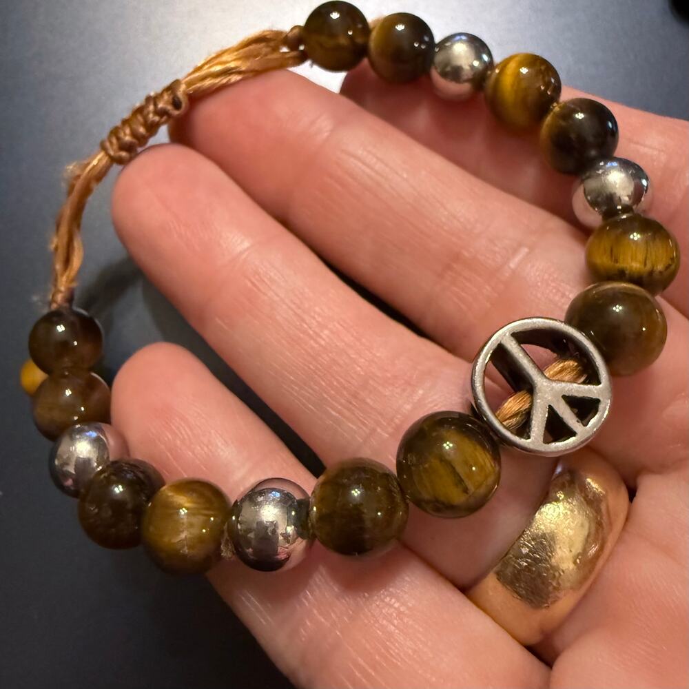 Pair of Adjustable Tigers Eye Beaded Bracelets Peace Crystal - Picture 6 of 8